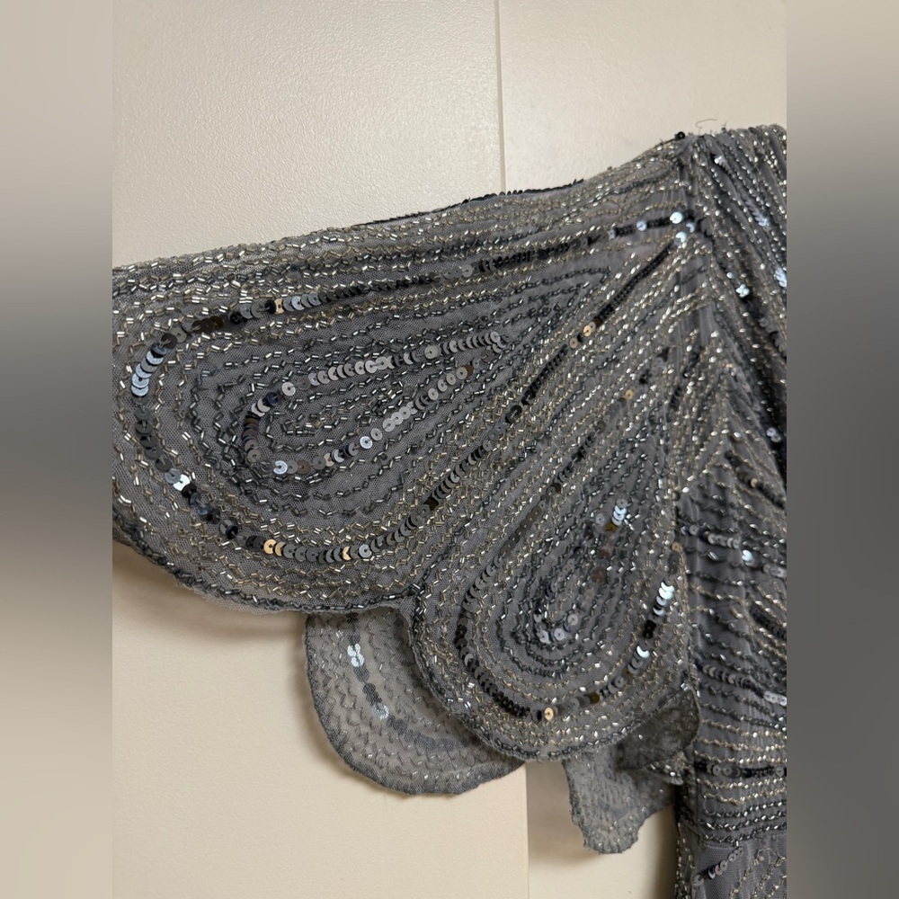 NWT |Mac Duggal 93583 Slate Blue Grey Sequined V Neck Cape Sleeve Gown Size 10 - Picture 6 of 16